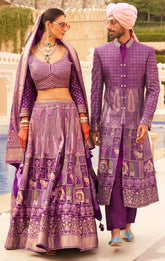 Exclusive latest Purple designer Lehenga in pure pv silk and foil print with detailed embroidery, hand and mirror work